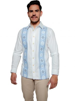 Guayabera manga larga blanca con bordado azul