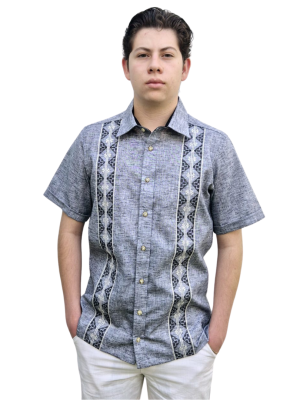 Guayabera Gris Jaspe de Lino y Algodón para Hombre, Manga Corta, Bordado Gris Jaspe y Hueso