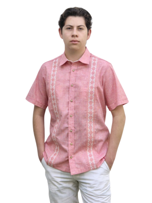 Guayabera Coral de Lino y Algodón para Hombre, Manga Corta, Bordado Coral y Hueso